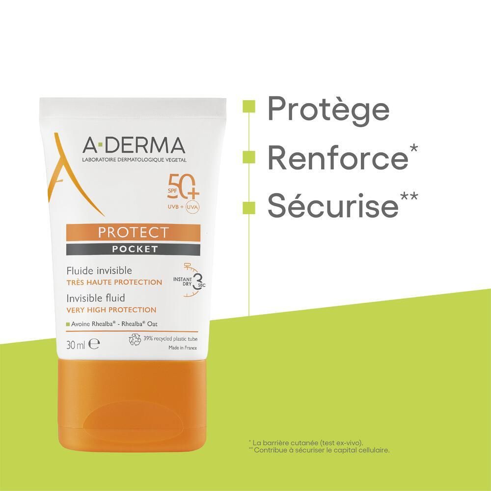 Tube met productinformatie. A-DERMA PROTECT, SPF 50+, Invisible Fluid. Tekst: Beschermt, versterkt, beveiligt.