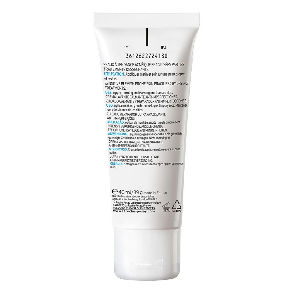 Dos du tube. Texte: Peaux à tendance acnéique fragilisées. 40ml/39g. Fabriqué en France. Symbole de recyclage.