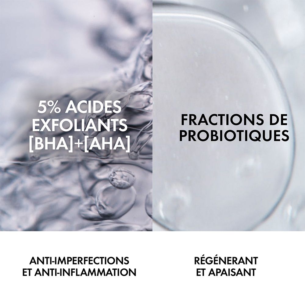 Graphique avec ingrédients: 5% acides exfoliants [BHA]+[AHA] et fractions probiotiques. Texte: Anti-imperfections et anti-inflammatoire.