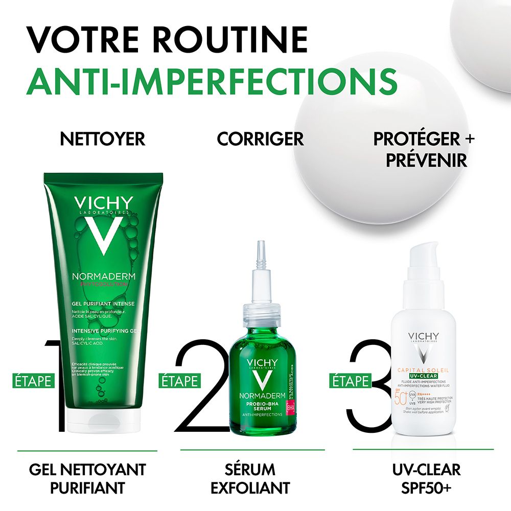 Trois produits: Gel nettoyant, sérum et UV-Clear SPF50+. Texte: Votre routine anti-imperfections.