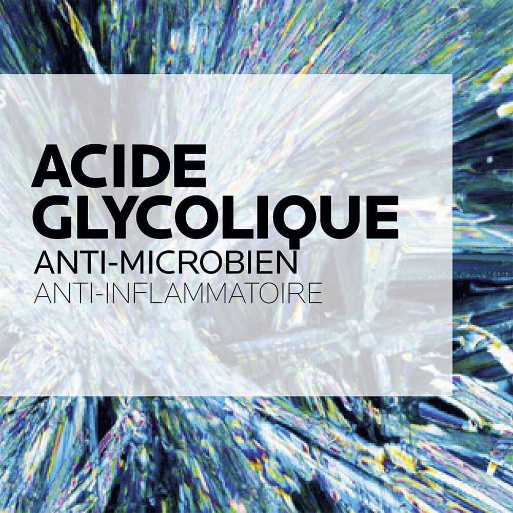 Texte sur fond. Texte: Acide Glycolique, anti-microbien, anti-inflammatoire.