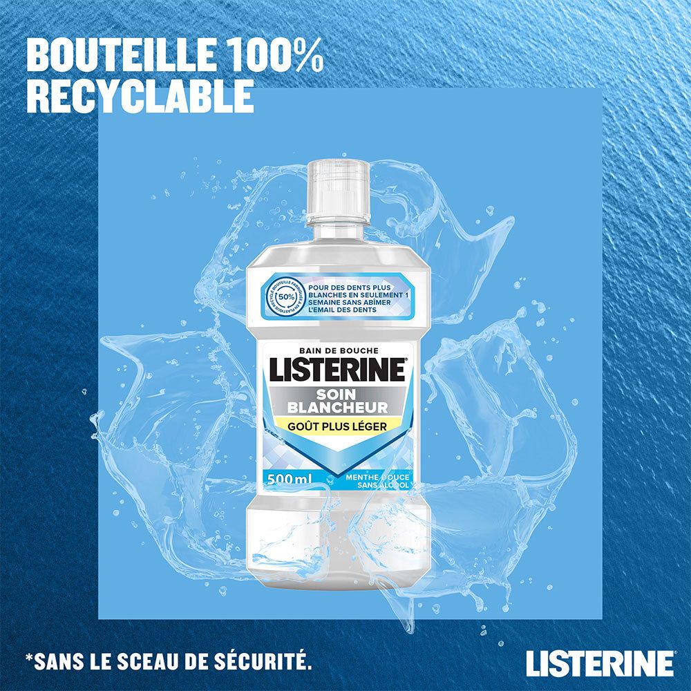 LISTERINE-Flasche im Wasser. Text: 100% recycelbare Flasche. 500 ml. Leichter Geschmack. Ohne Alkohol.