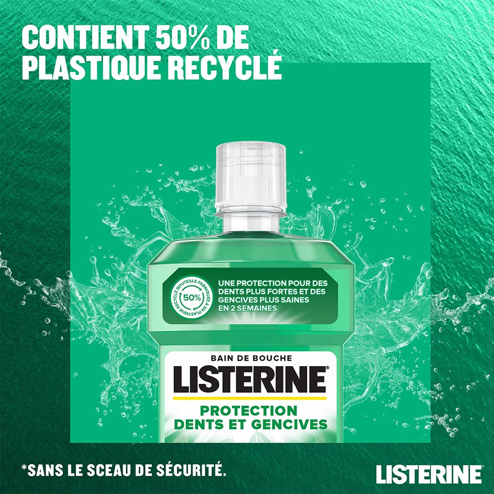 Bain de bouche LISTERINE®. Texte : CONTIENT 50% DE PLASTIQUE RECYCLÉ.