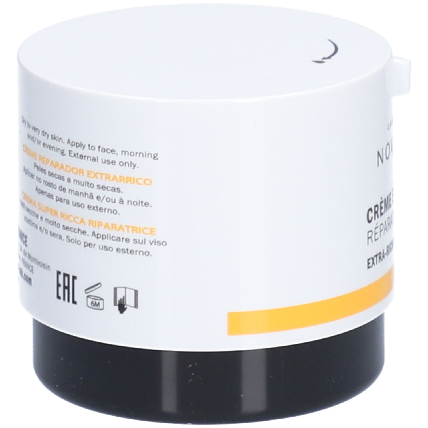 Pot de crème blanc et noir. Texte multilingue. Bande jaune. Code EAN et symbole 6M.
