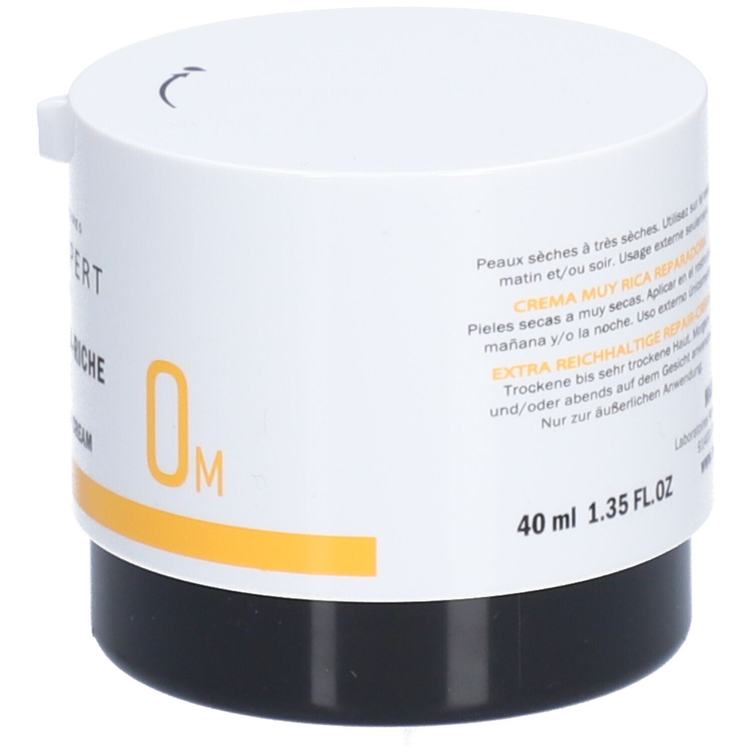 Pot de crème blanc et noir. Inscription : Crème Extra-Riche Réparatrice. Bande jaune. 40 ml.
