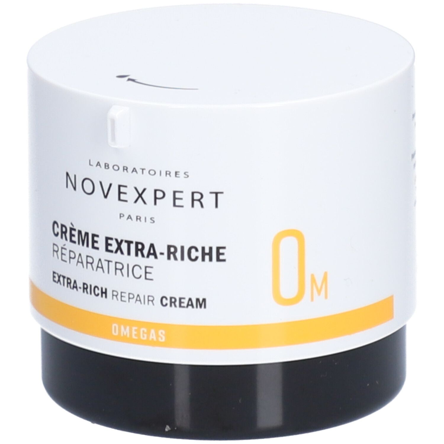 Pot de crème blanc et noir. Inscription : Crème Extra-Riche Réparatrice, Extra-Rich Repair Cream. Bande jaune.