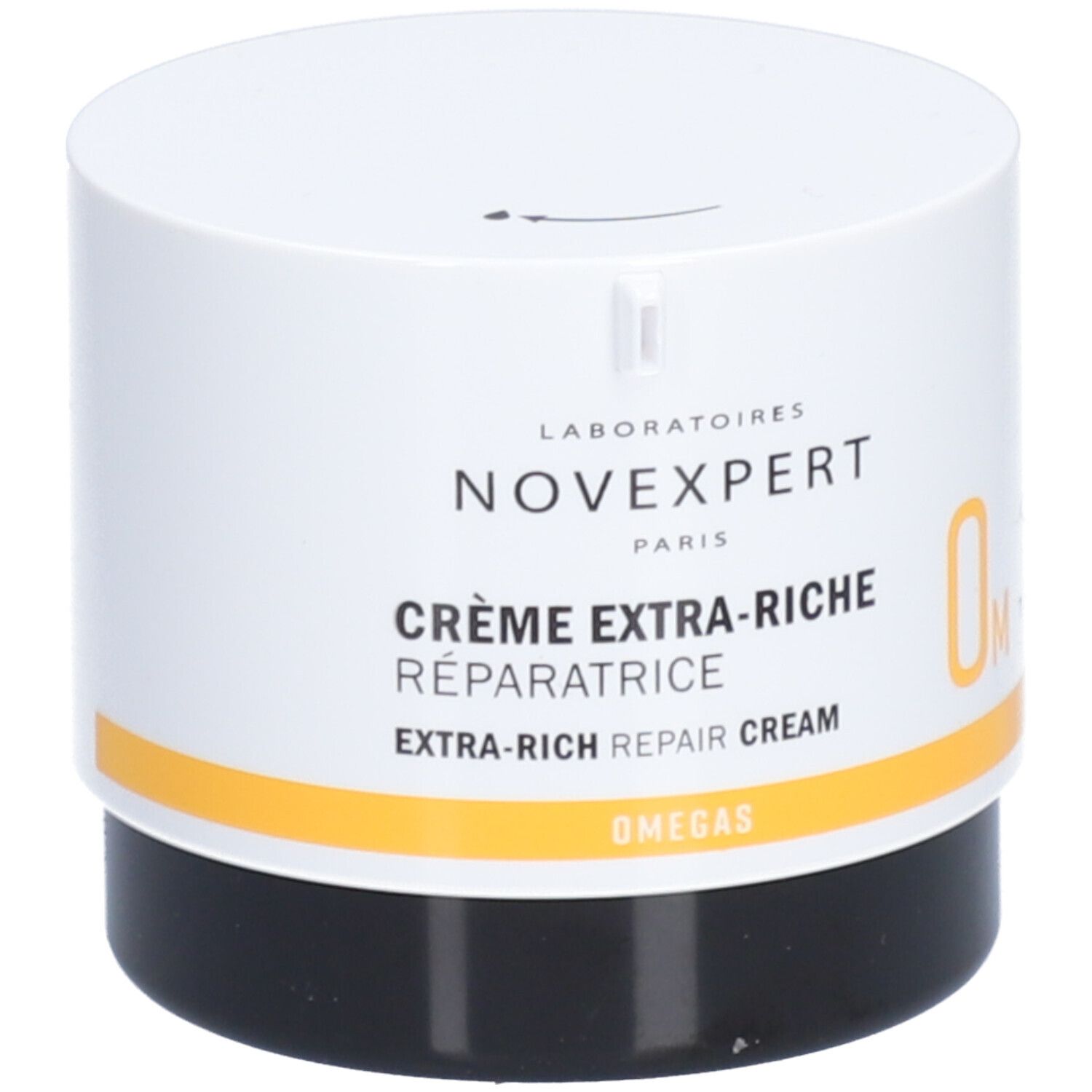 Pot de crème blanc et noir. Inscription : Crème Extra-Riche Réparatrice, Extra-Rich Repair Cream. Bande jaune.