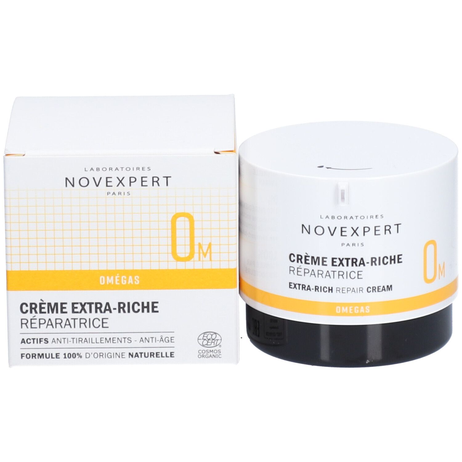 Pot et boîte de crème. Inscription : Crème Extra-Riche Réparatrice, Extra-Rich Repair Cream. Bande jaune. Cosmos Organic.