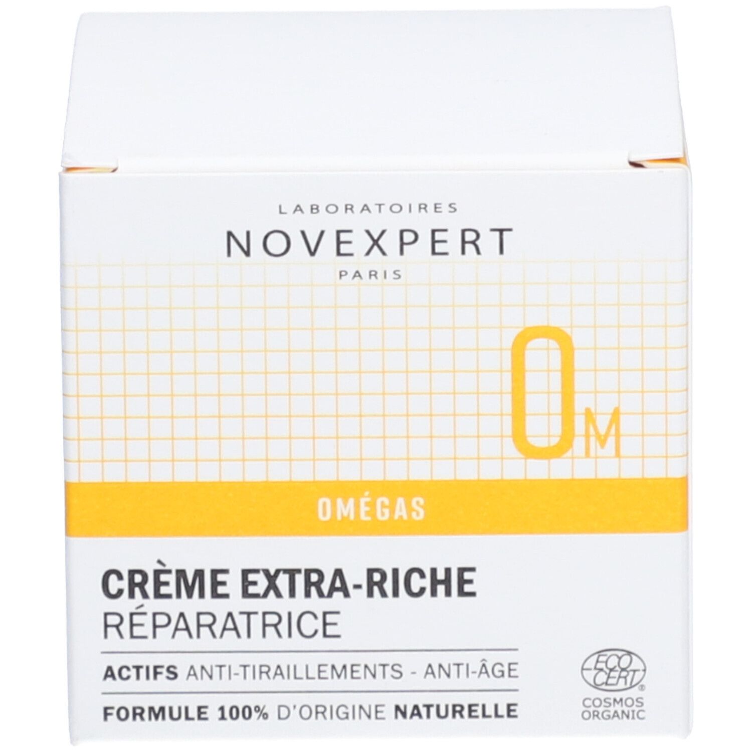 Boîte blanche. Inscription : Crème Extra-Riche Réparatrice, Extra-Rich Repair Cream. Cosmos Organic. Bande jaune.