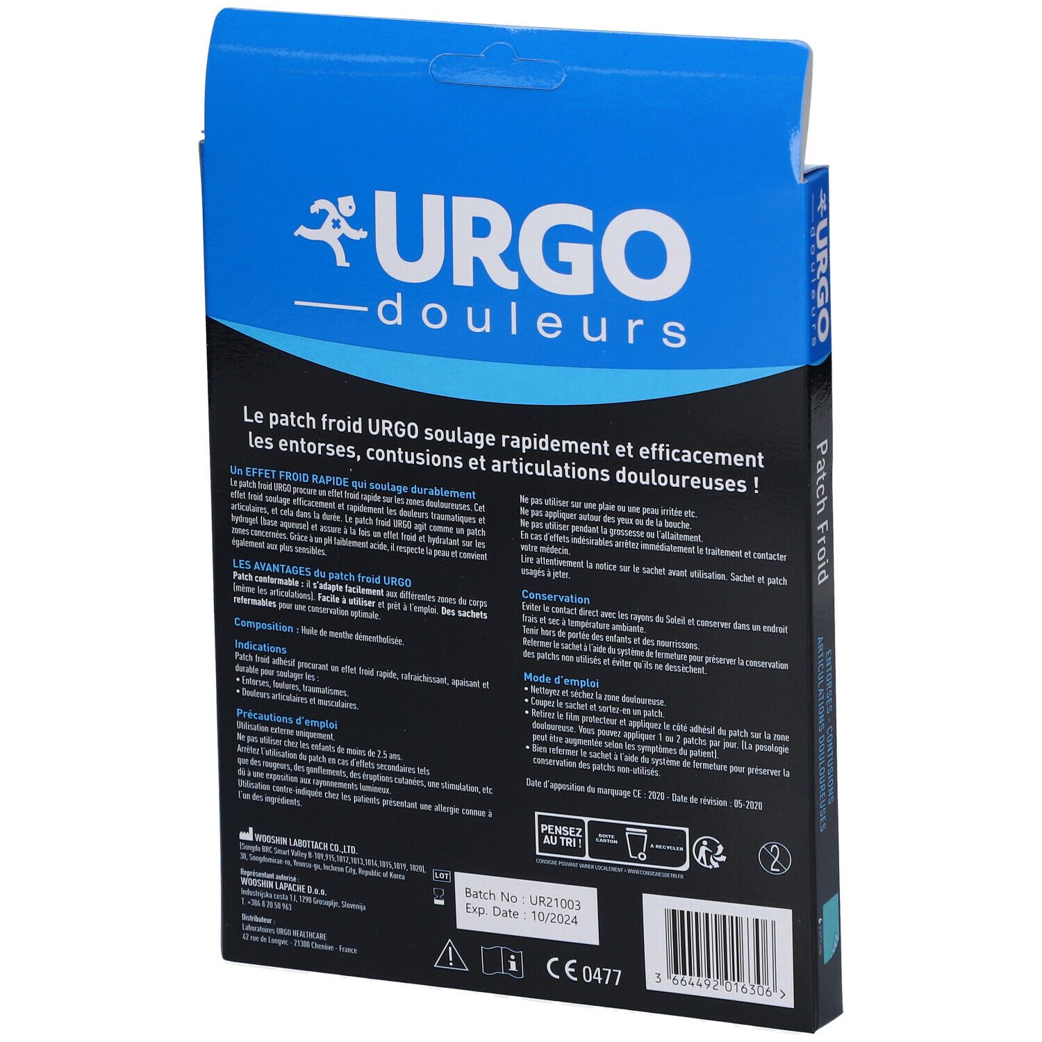 Dos de la boîte bleue URGO. Texte: Patch Froid, informations d'utilisation, ingrédients, numéro de lot et date de péremption.