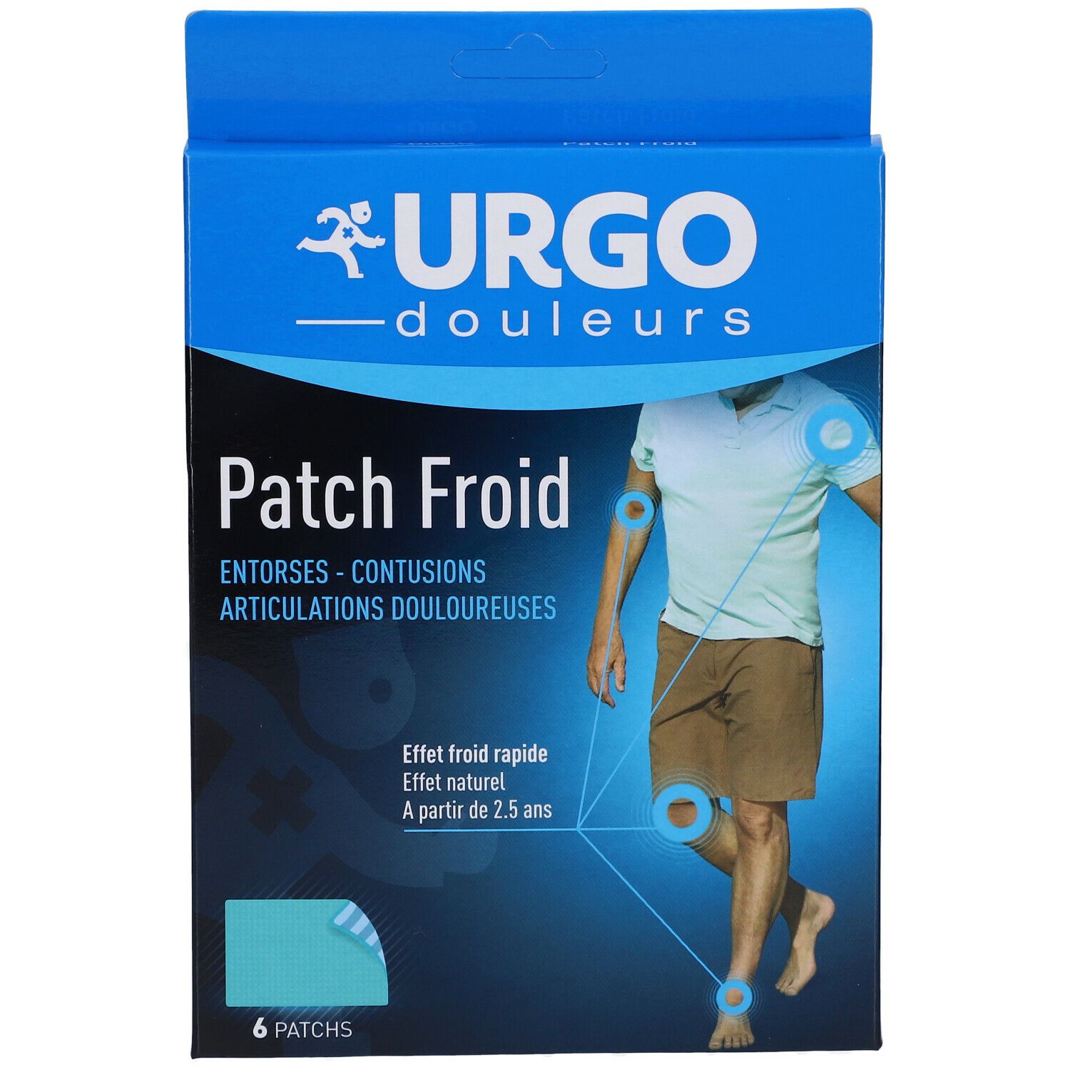 Boîte bleue URGO Patch Froid. Illustration d'une personne avec points de douleur. 6 patchs.