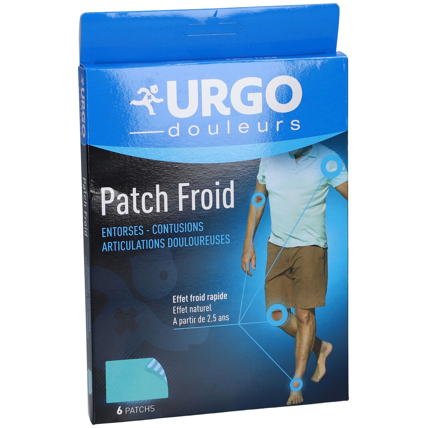 Boîte bleue URGO Patch Froid. Illustration d'une personne avec points de douleur. 6 patchs.