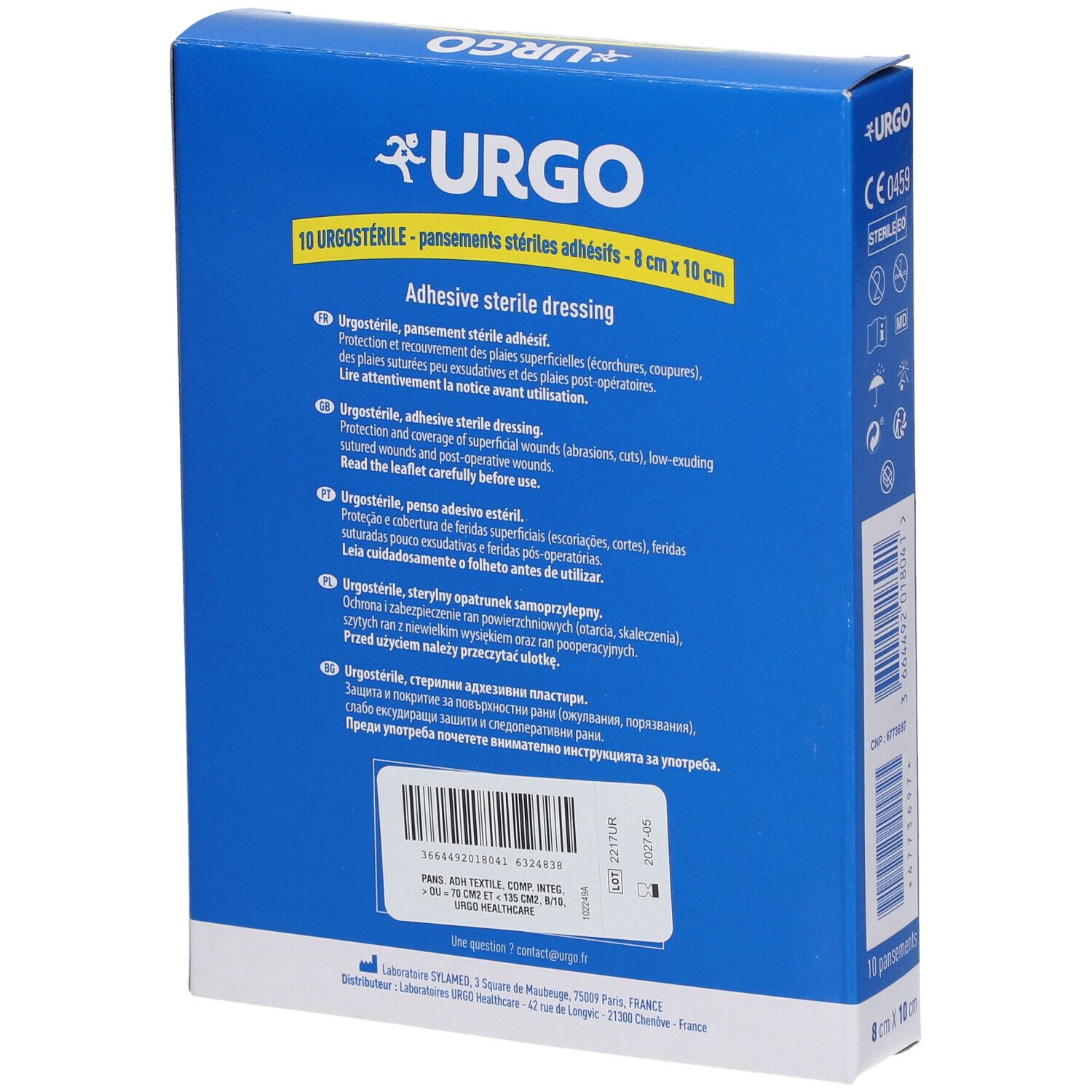 Dos de la boîte bleue Urgo Urgostérile. Texte multilingue. Code-barres et informations fabricant.