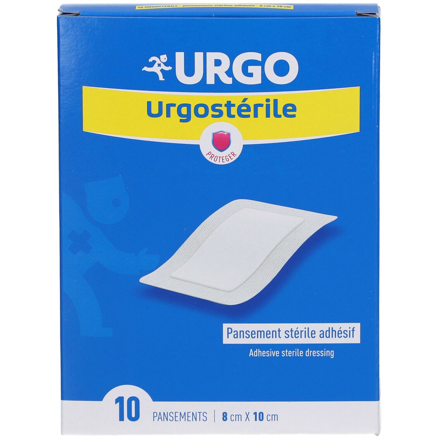 Boîte bleue Urgo Urgostérile. 10 pansements stériles adhésifs, 8 cm x 10 cm. Inscription: PROTECT.