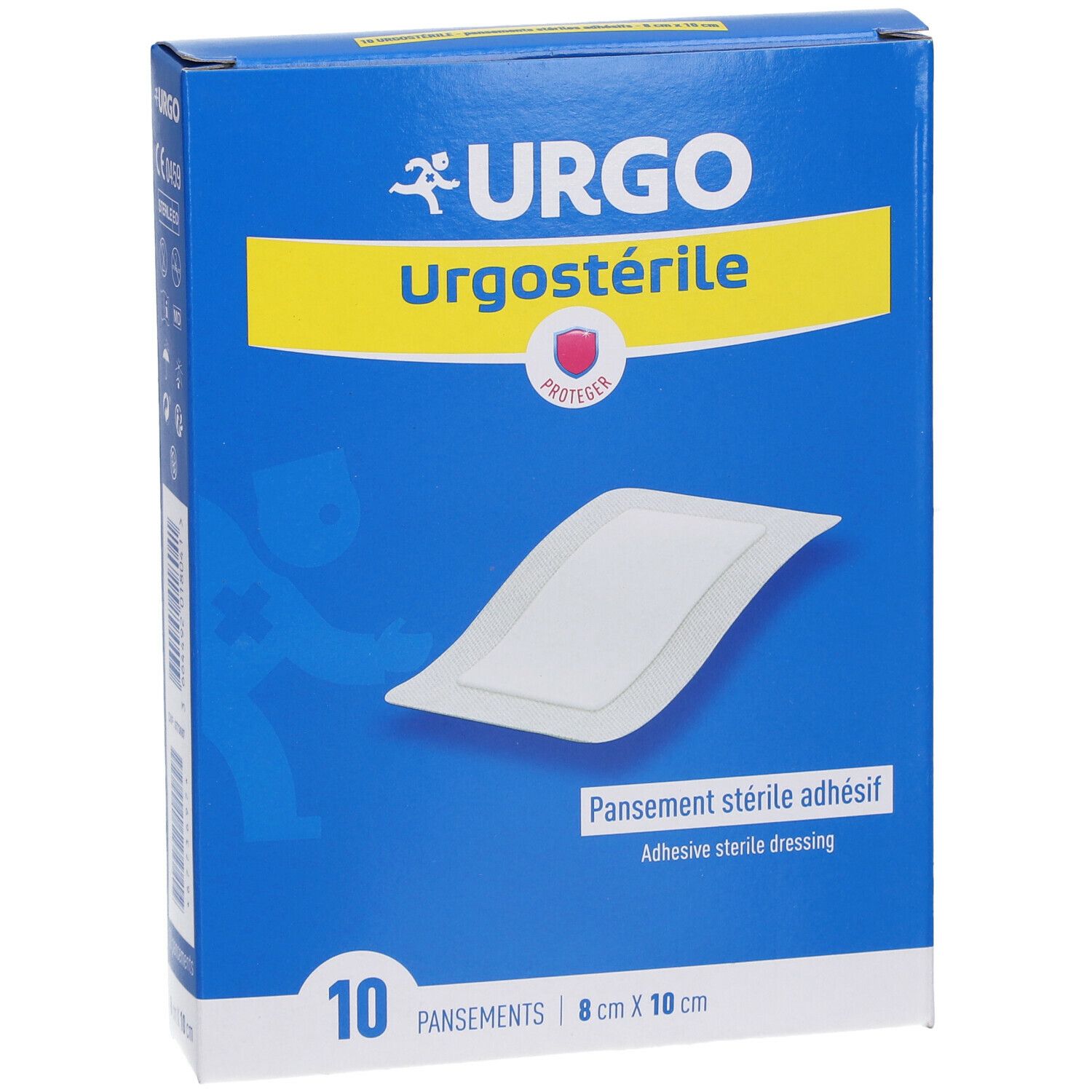 Boîte bleue Urgo Urgostérile. 10 pansements stériles adhésifs, 8 cm x 10 cm. Inscription: PROTECT.