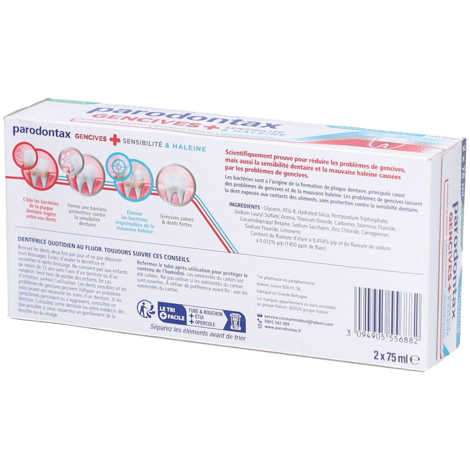 Dos de la boîte de dentifrice. Inscription : Parodontax Gencives+ Sensibilité & Haleine. Ingrédients et instructions.