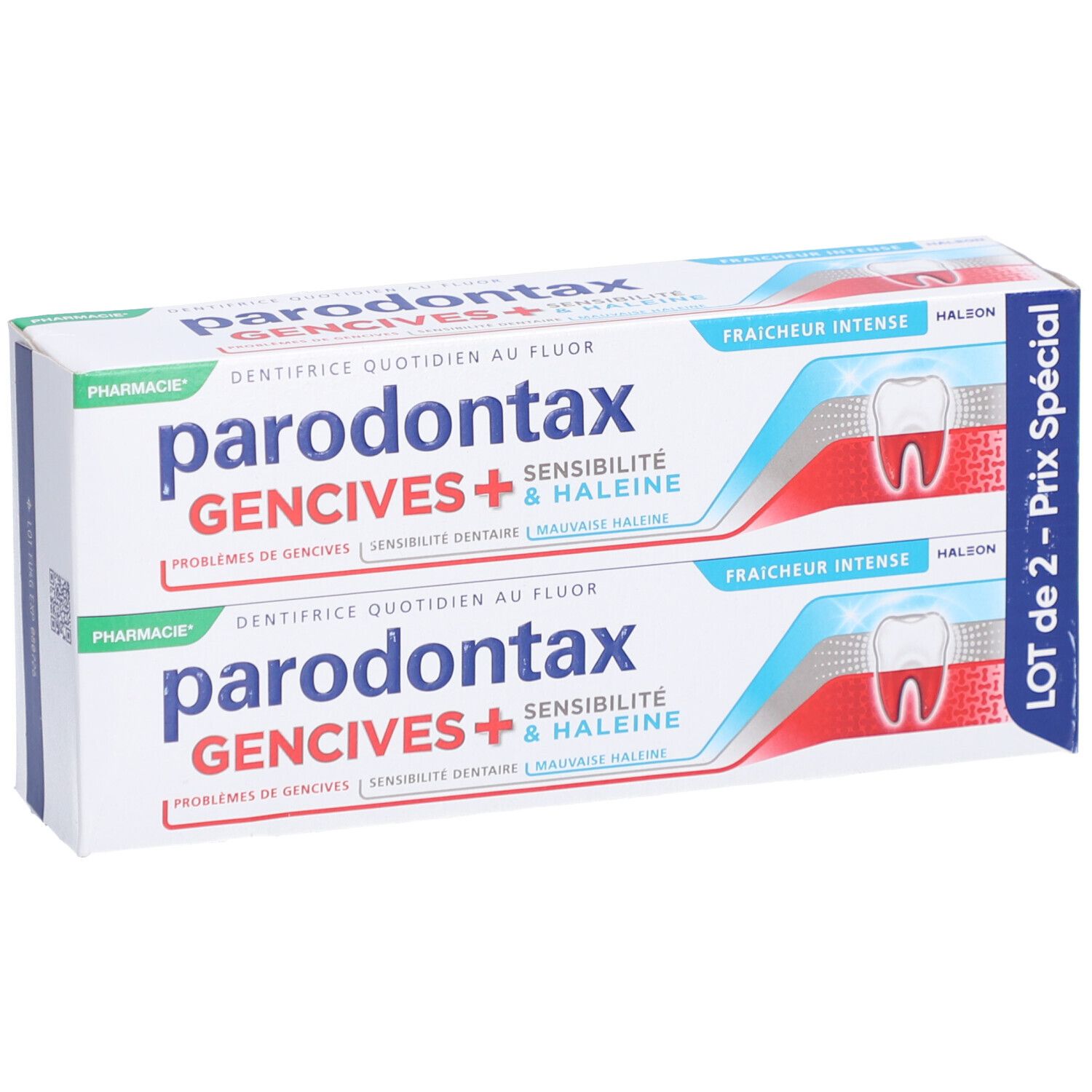 Deux tubes de dentifrice dans une boîte. Inscription : Parodontax Gencives+ Sensibilité & Haleine. 'Lot de 2 - Prix Spécial'.
