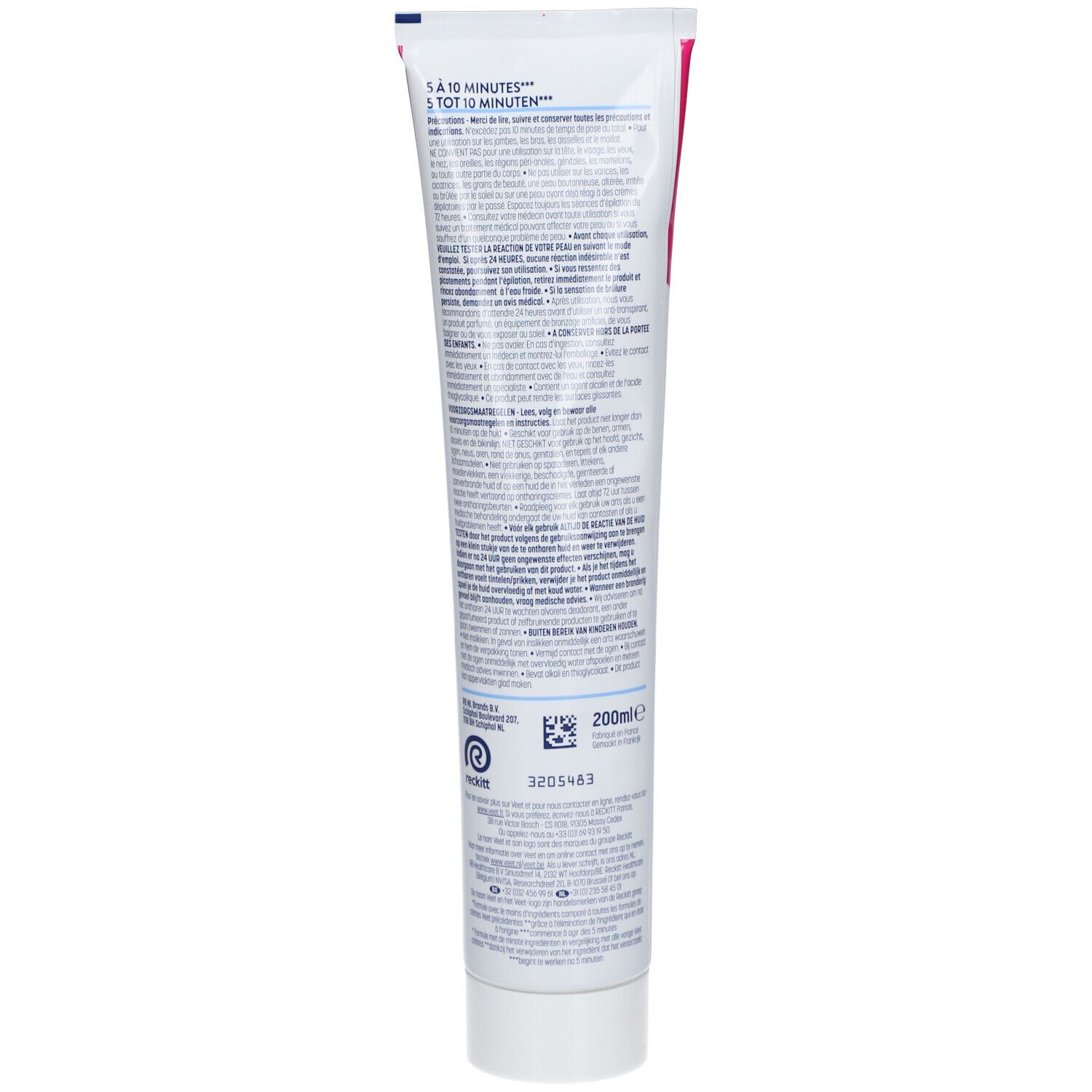 Dos du tube de crème dépilatoire Veet Pure. Texte et informations en plusieurs langues. 200 ml.