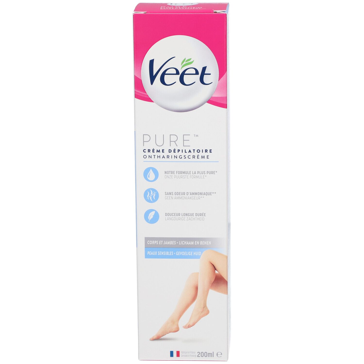 Emballage de crème dépilatoire Veet Pure. Blanc et rose. Texte : Pure, Crème dépilatoire, Peau sensible. Illustration : jambe.
