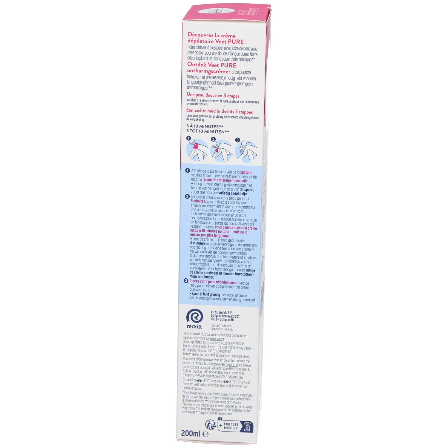 Côté de l'emballage de la crème dépilatoire Veet Pure. Texte et illustrations. Informations d'utilisation. 200 ml.