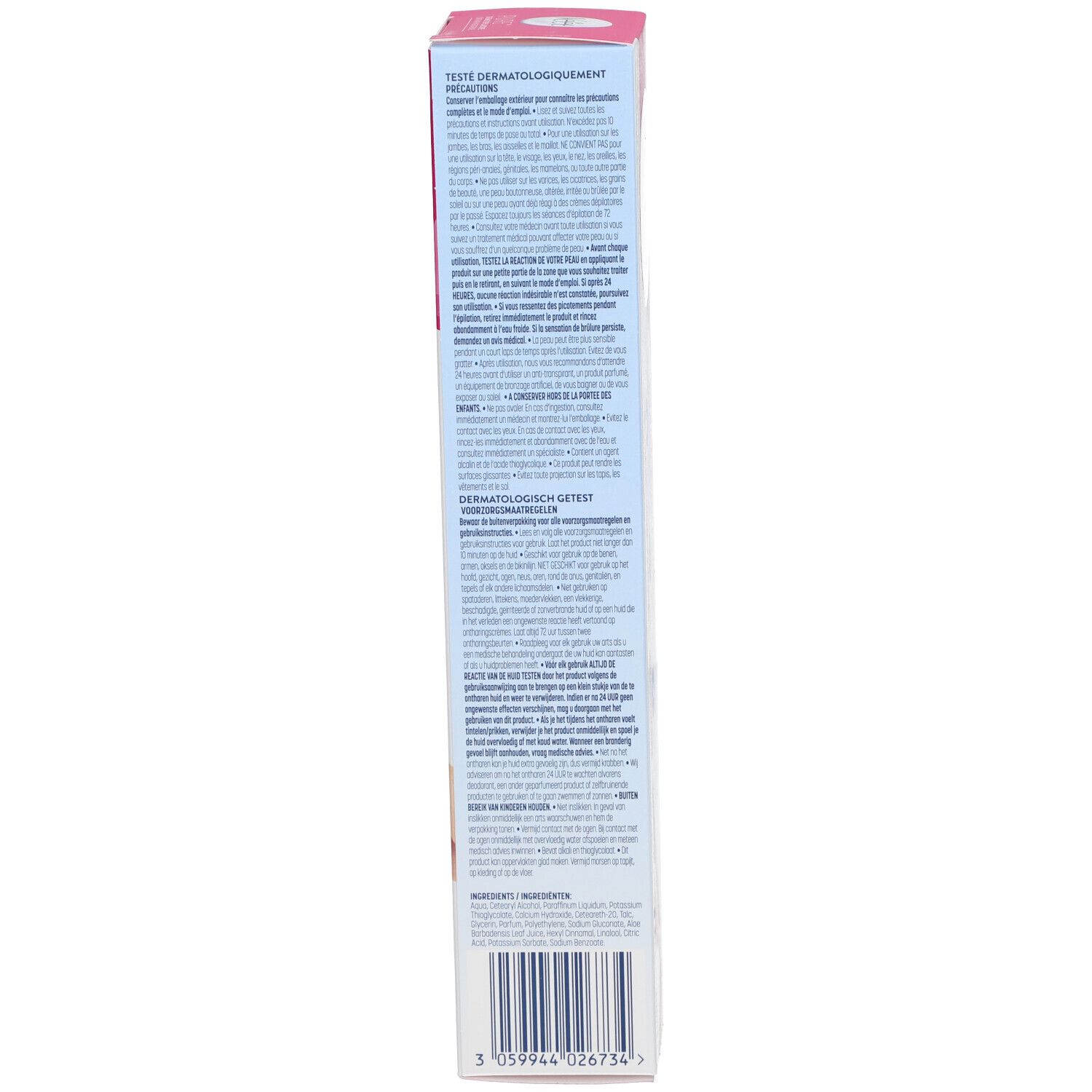 Côté de l'emballage de la crème dépilatoire Veet Pure. Texte et code-barres. Ingrédients et informations fabricant.