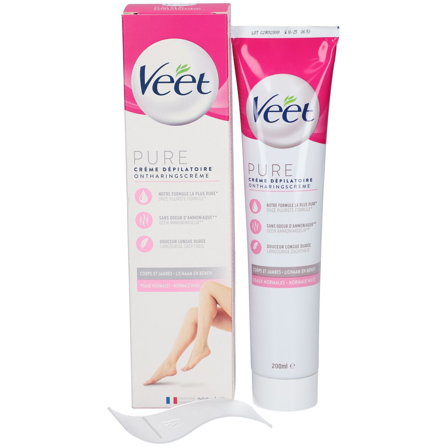 Veet Pure Crème dépilatoire. Tube et boîte. Tube blanc avec accents roses. Spatule.