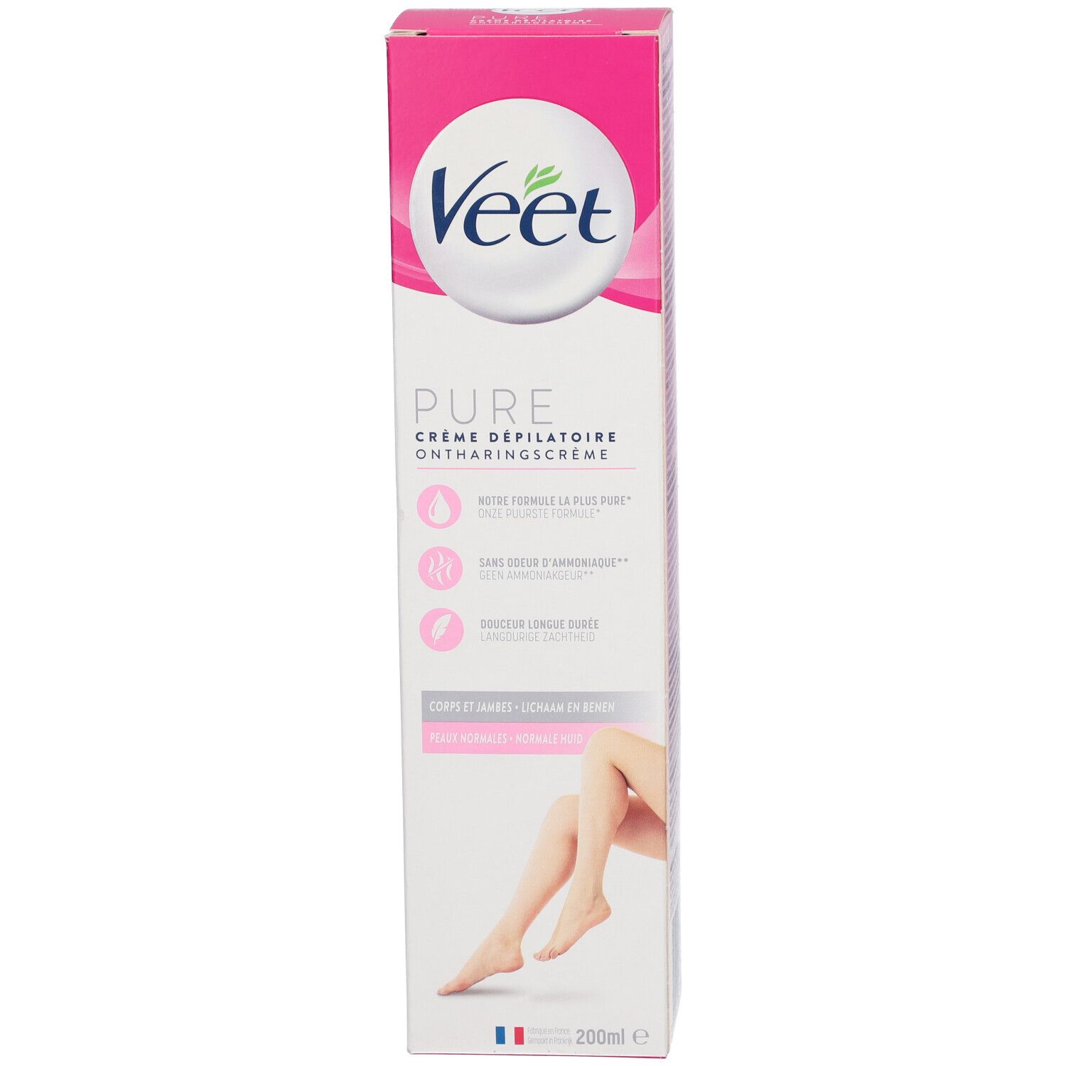 Veet Pure Crème dépilatoire. Boîte. Boîte blanche avec accents roses. Illustration du produit.
