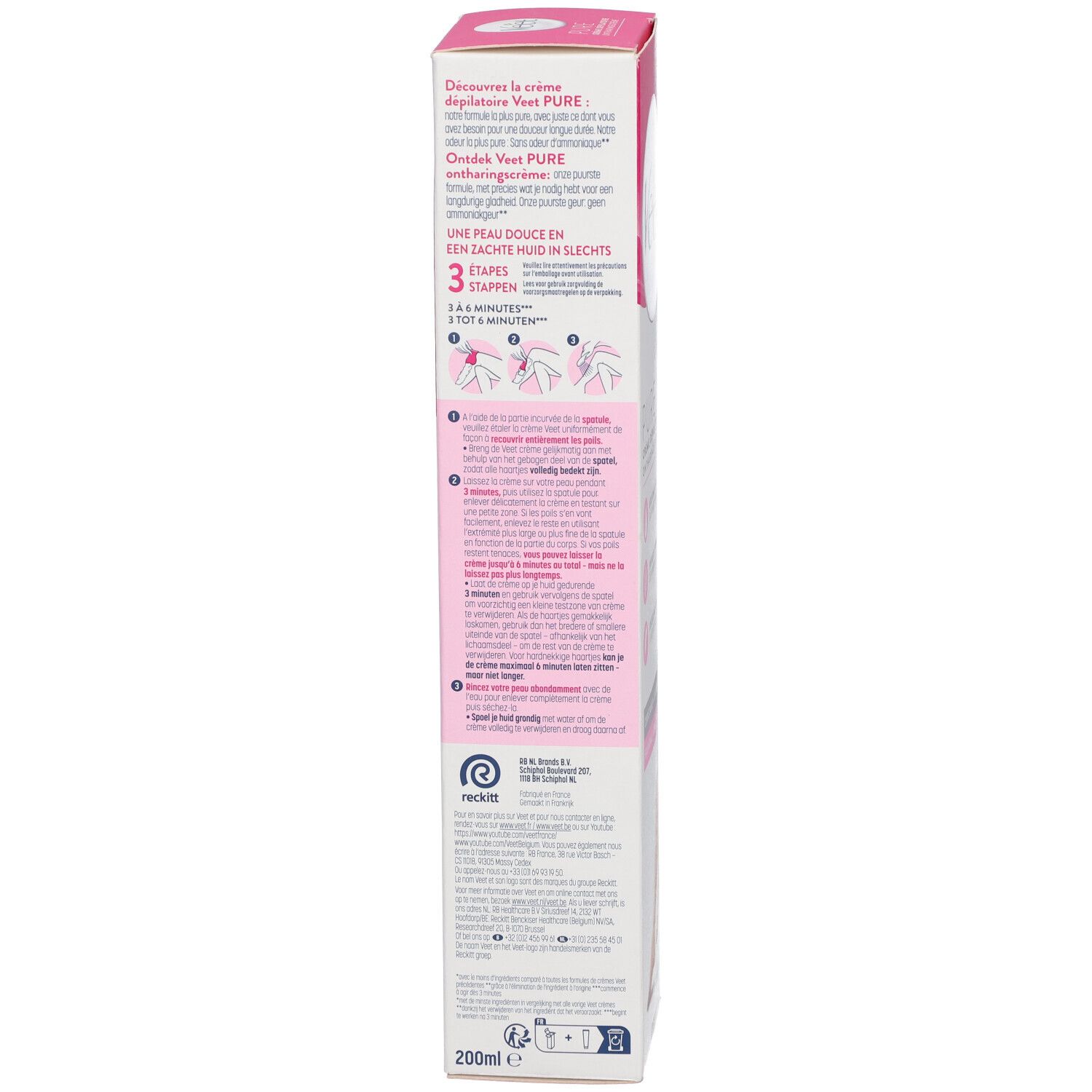 Veet Pure Crème dépilatoire. Boîte. Boîte blanche avec accents roses. Texte et illustrations.