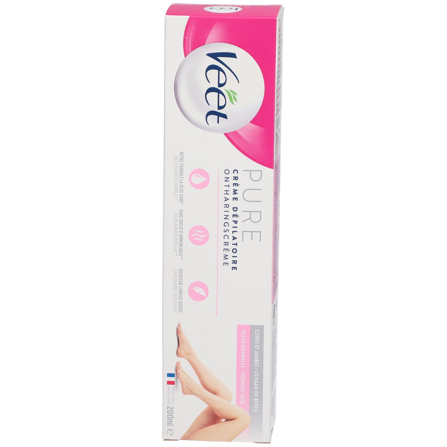 Veet Pure Crème dépilatoire. Boîte. Boîte blanche avec accents roses. Illustration du produit.