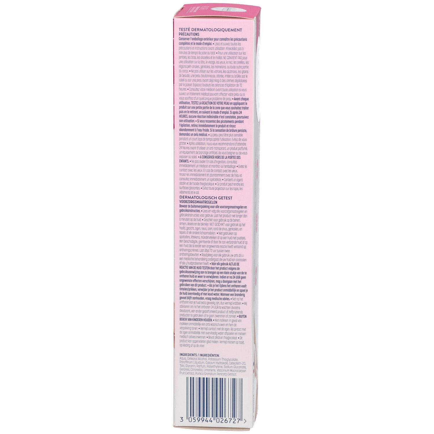 Veet Pure Crème dépilatoire. Boîte. Boîte blanche avec accents roses. Texte et code-barres.