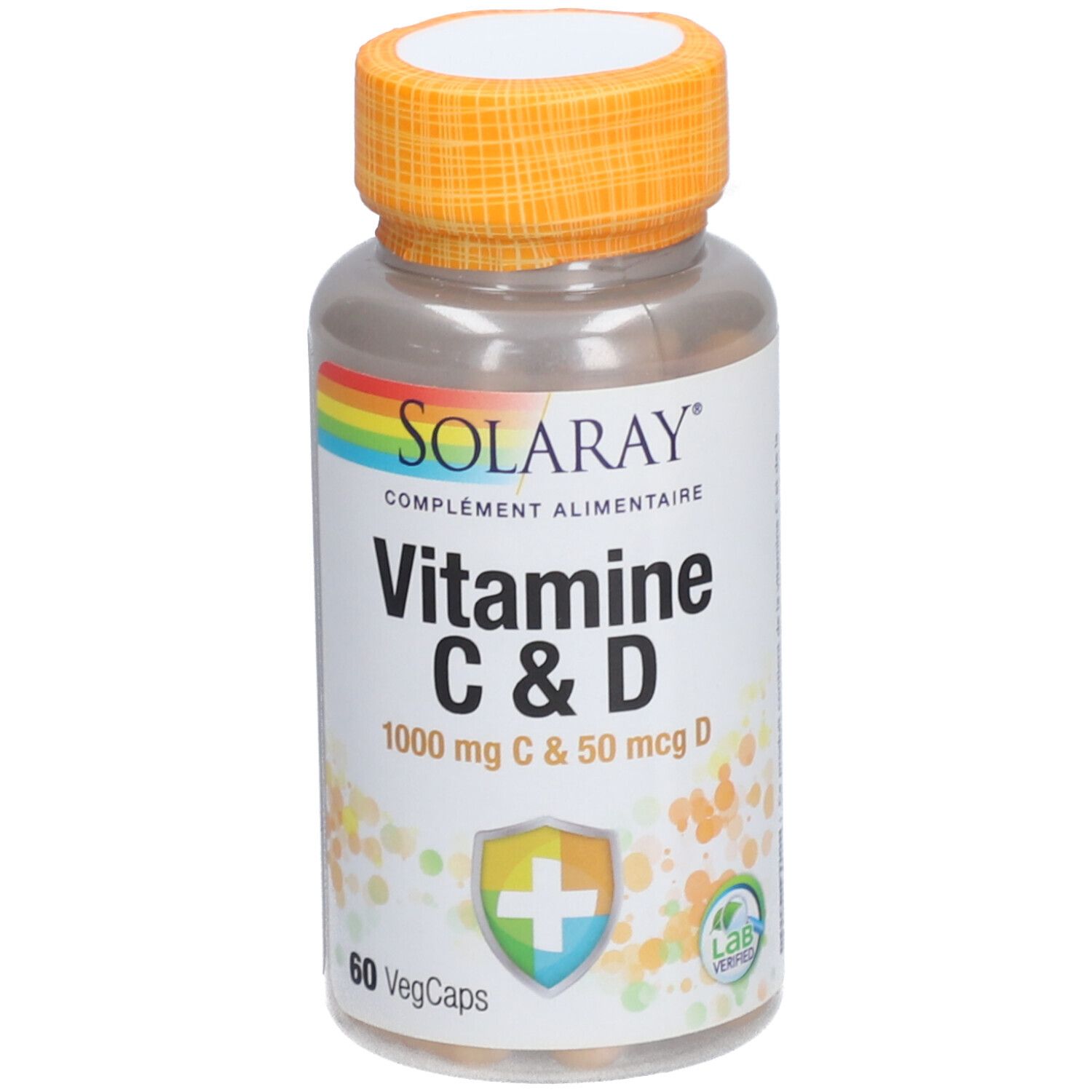 Flacon transparent, bouchon orange. Inscription: Solaray Vitamine C & D, 60 VegCaps. Logo arc-en-ciel.