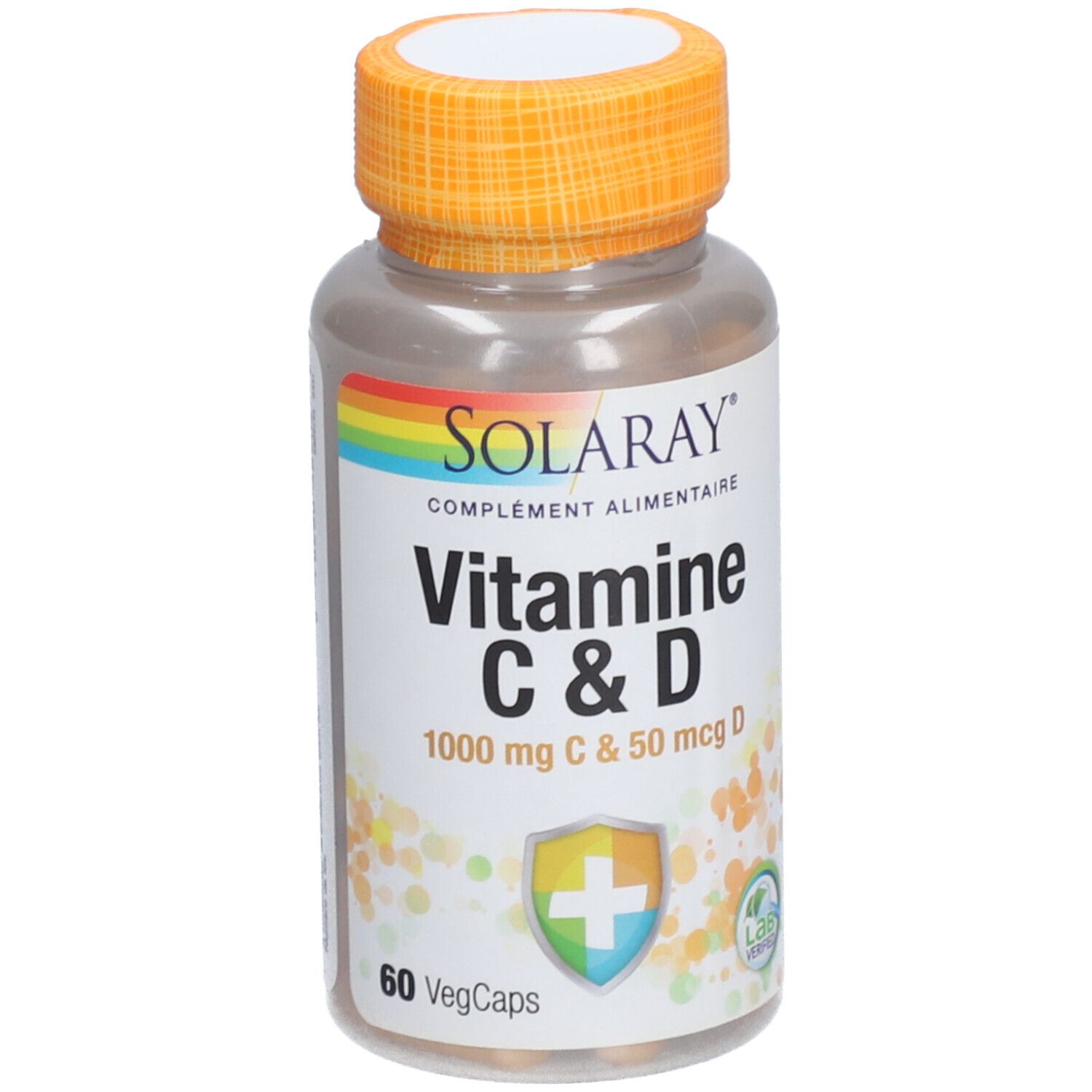 Flacon transparent, bouchon orange. Inscription: Solaray Vitamine C & D, 60 VegCaps. Logo arc-en-ciel.