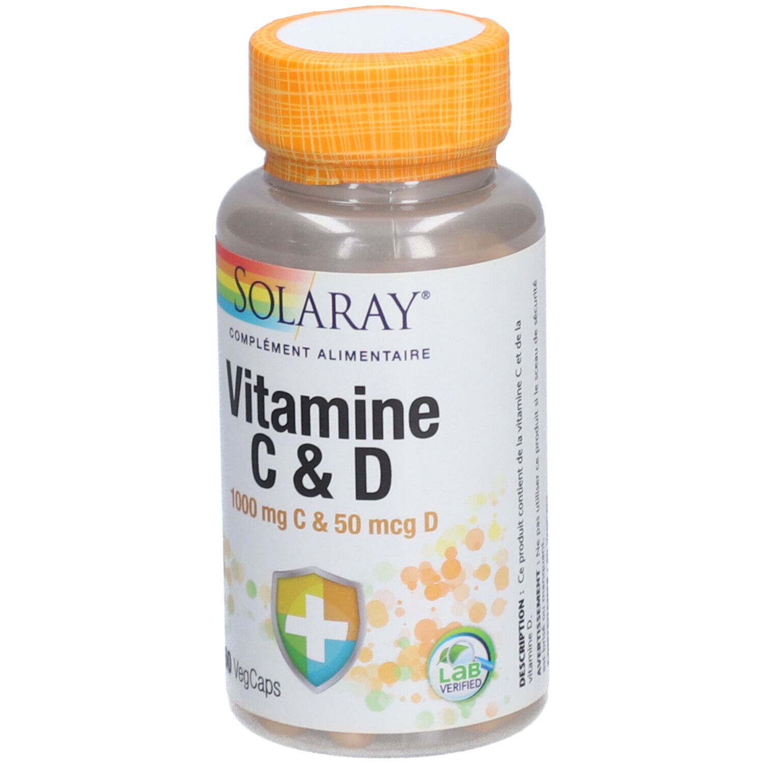 Flacon transparent, bouchon orange. Inscription: Solaray Vitamine C & D, 60 VegCaps. Logo.
