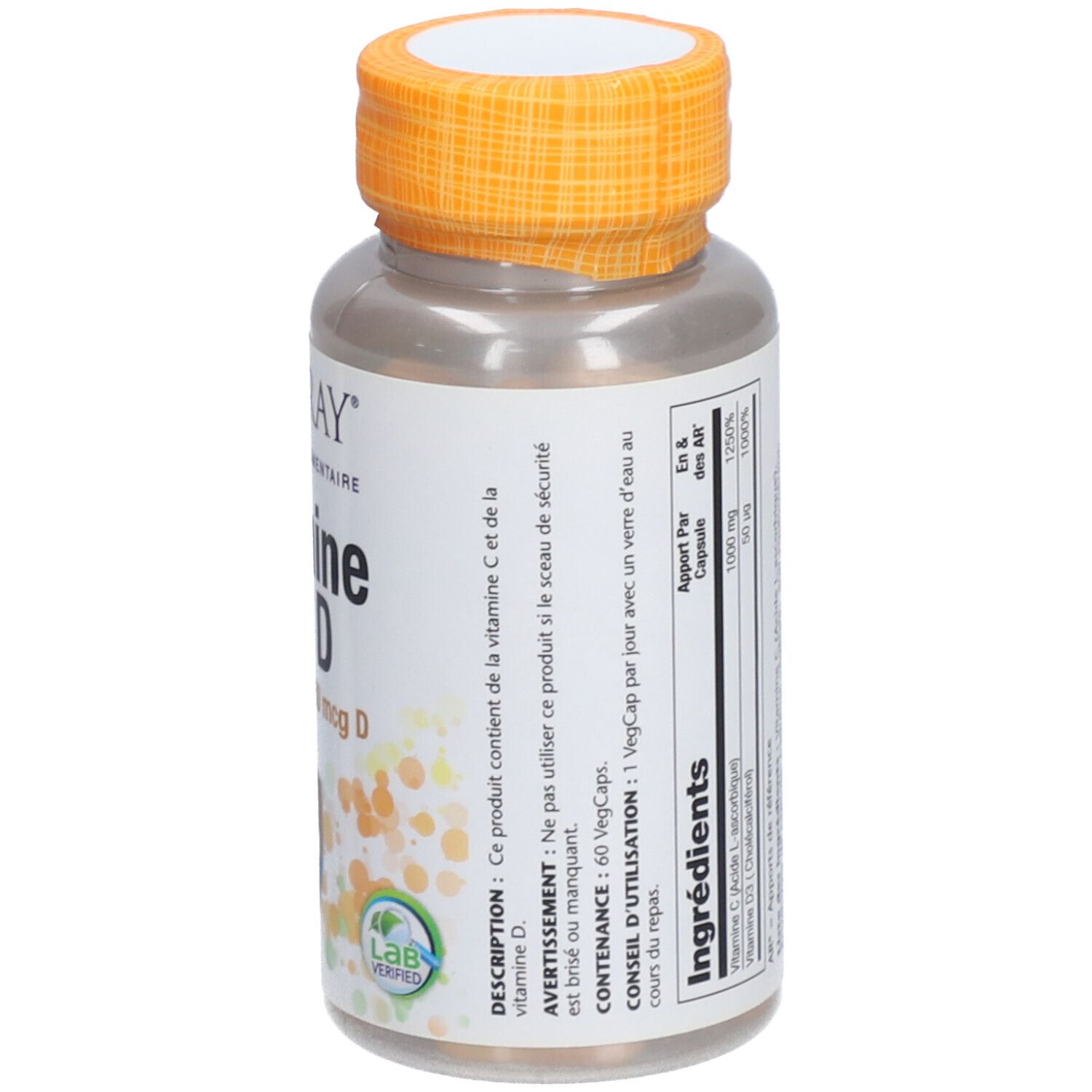Dos du flacon. Inscription: Solaray Vitamine C & D. Ingrédients et avertissements.