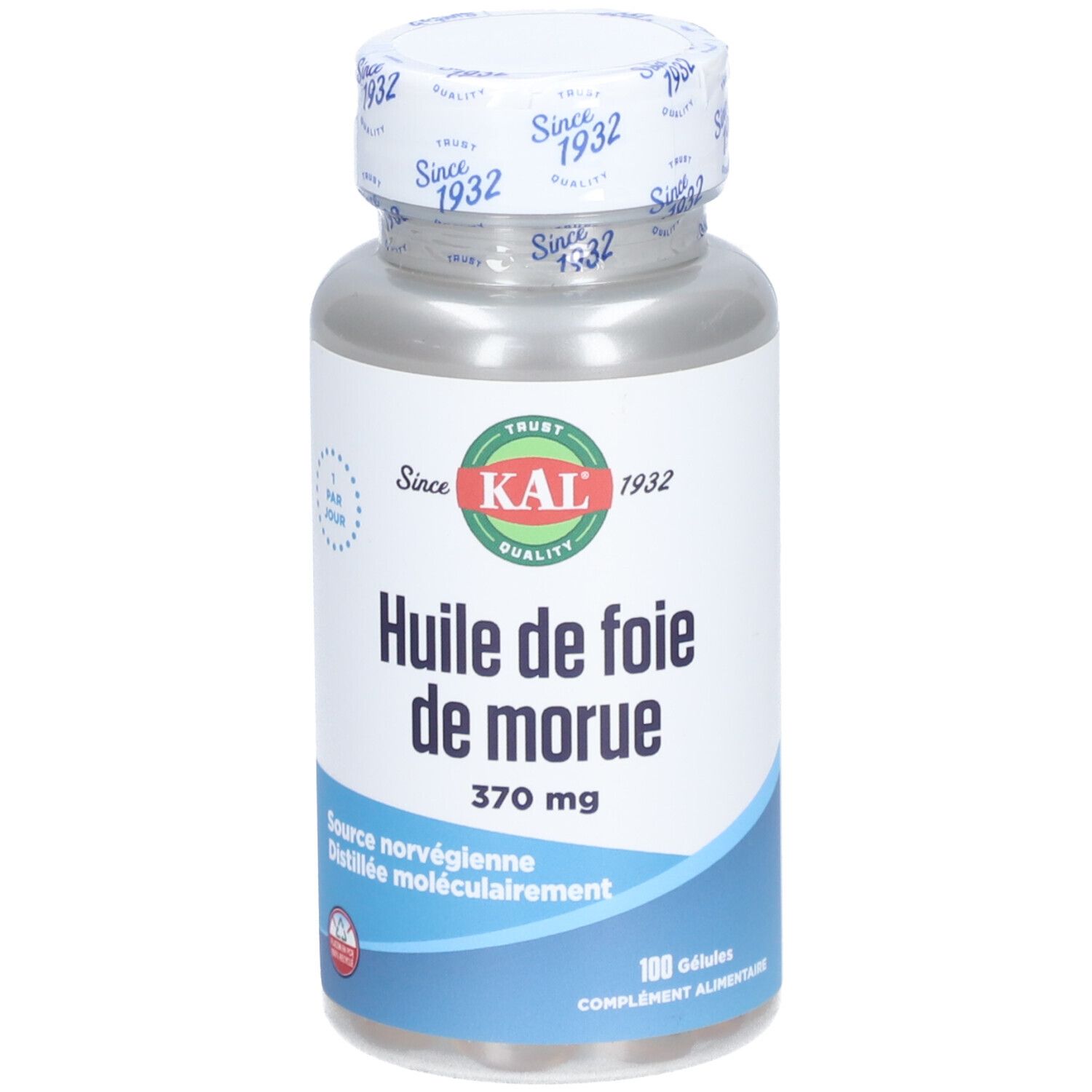 Flacon de gélules transparentes. Inscription: KAL Huile de foie de morue 370 mg. Bouchon avec inscription.