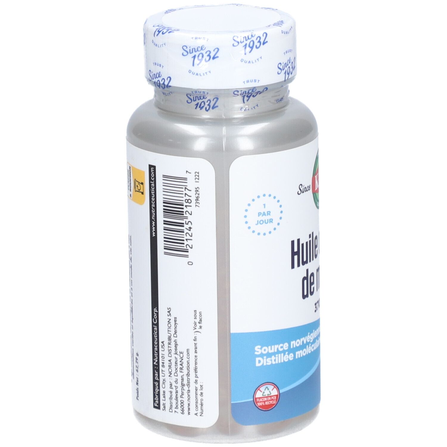 Dos du flacon avec étiquette. Texte: Huile de foie de morue 370 mg. Informations fabricant et code-barres.