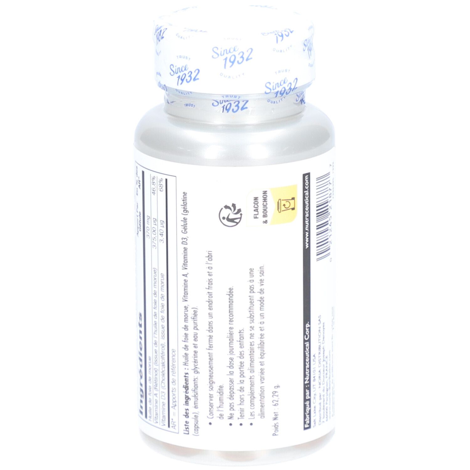 Dos du flacon avec liste des ingrédients. Texte: Ingrédients, informations nutritionnelles. Avertissements et informations fabricant.