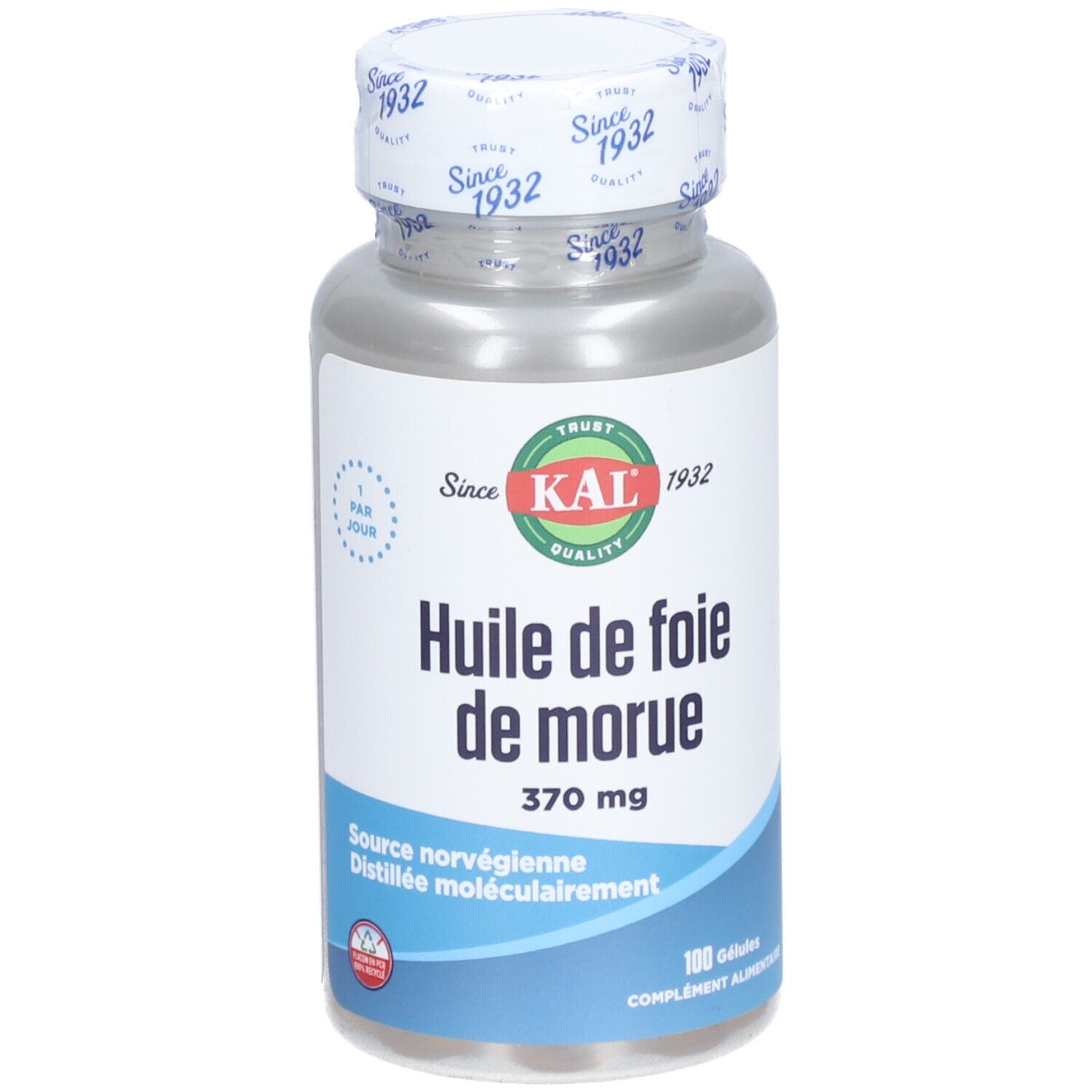 Gros plan sur le flacon. Inscription: KAL Huile de foie de morue 370 mg. Logo vert et bouchon avec inscription.