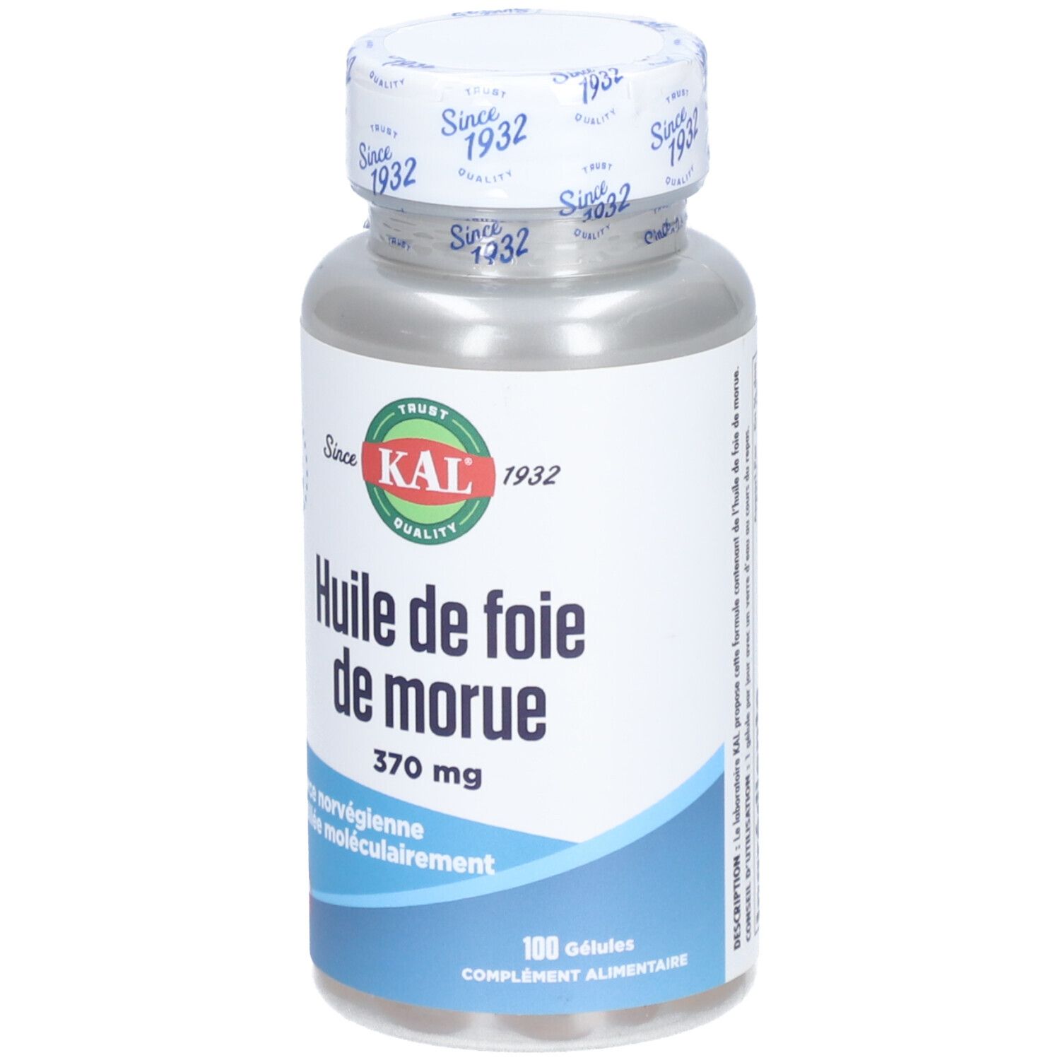 Flacon de gélules. Inscription: KAL Huile de foie de morue 370 mg. Bouchon avec inscription. 100 gélules.