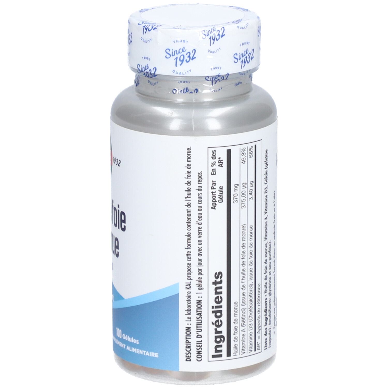Dos du flacon avec informations nutritionnelles. Texte: Ingrédients, informations nutritionnelles. 100 gélules.