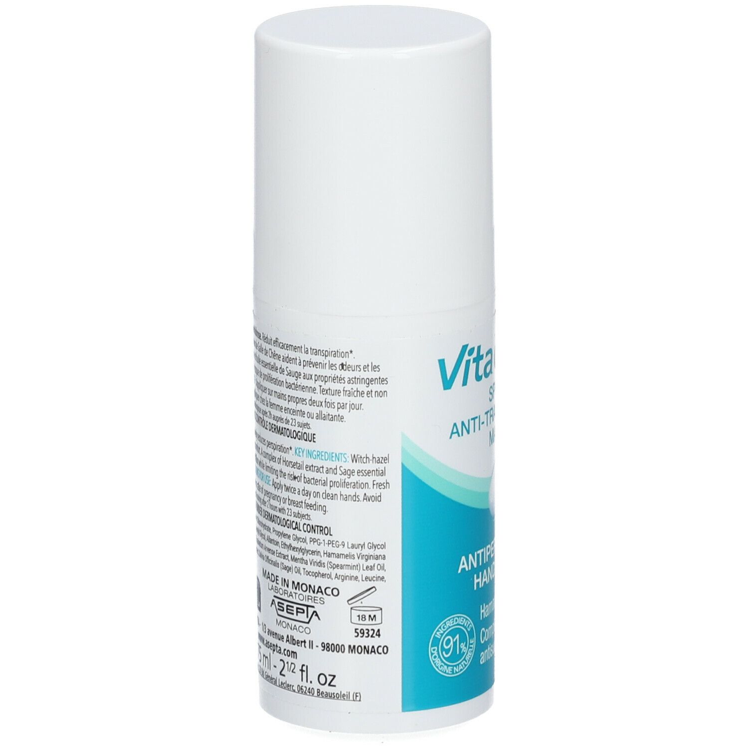 Dos du flacon spray blanc. Texte: ingrédients, mode d'emploi, informations fabricant. 91% d'ingrédients naturels.