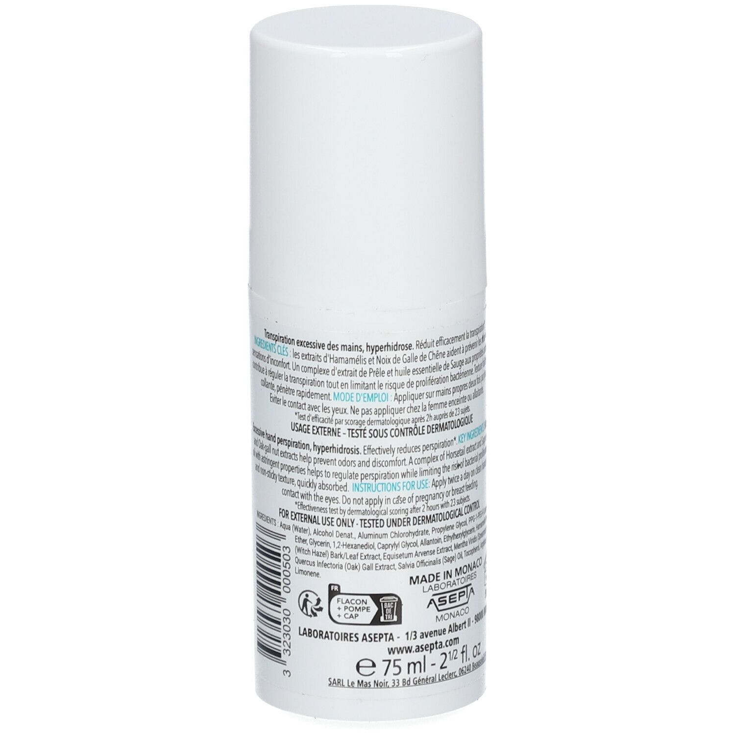 Dos du flacon spray blanc. Texte: utilisation, avertissements, informations fabricant. Volume: 75 ml.