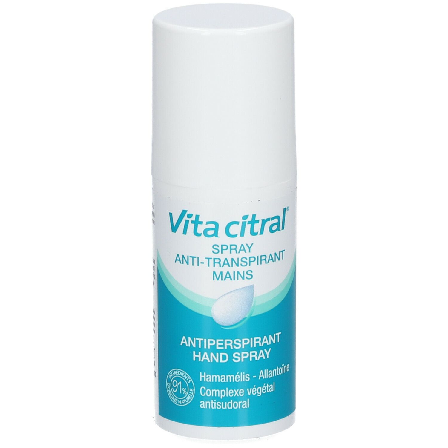 Flacon spray blanc et bleu. Inscription: Vita citral, Spray, Anti-Transpirant Mains, Hand Spray. Ingrédients et informations.