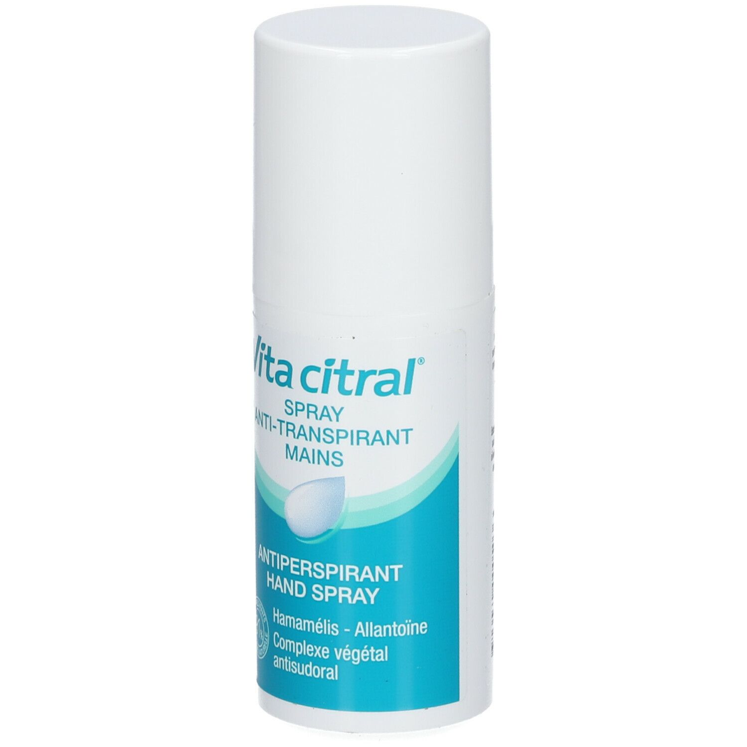 Flacon spray blanc et bleu. Inscription: Vita citral, Spray, Anti-Transpirant Mains, Hand Spray. Ingrédients et informations.