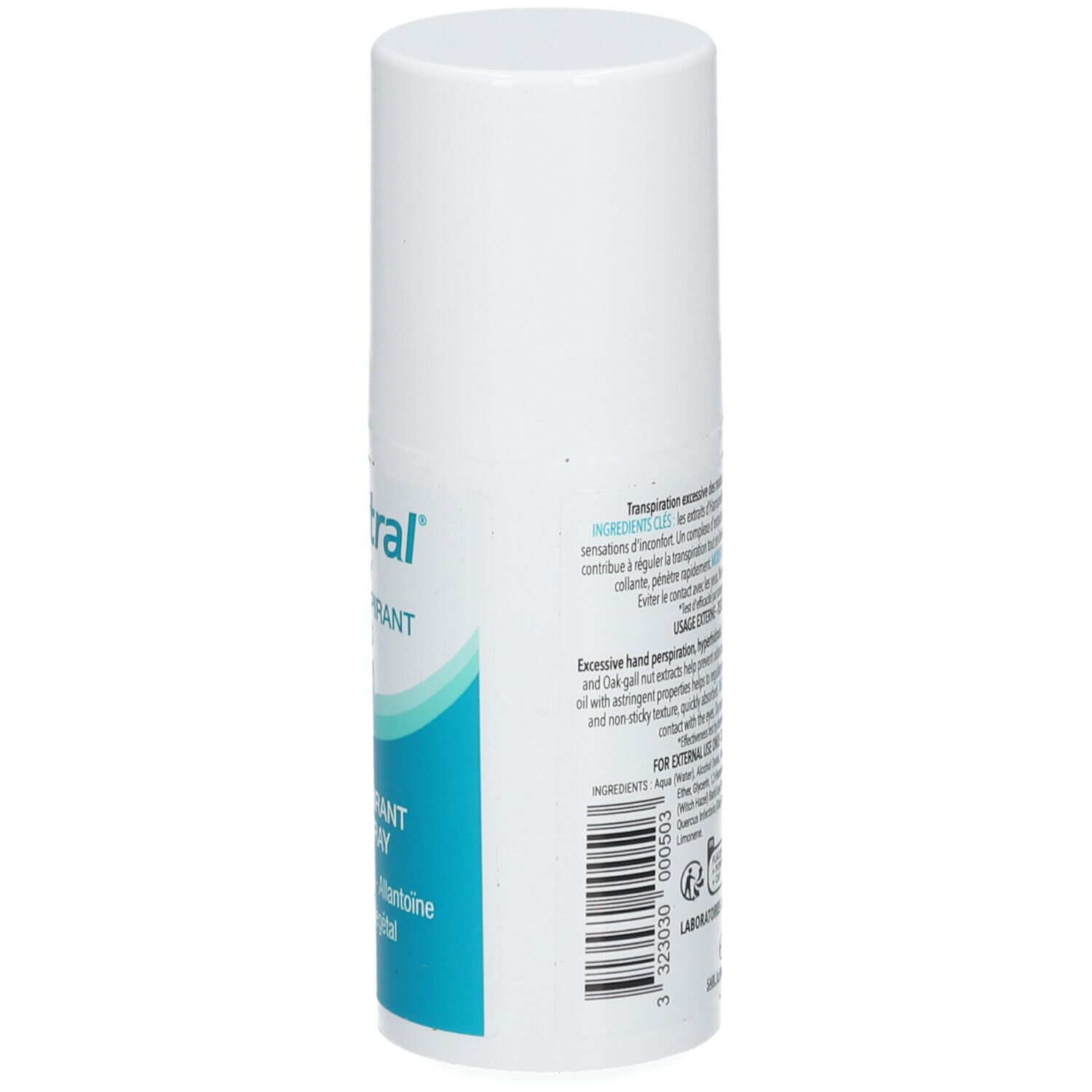 Dos du flacon spray blanc. Texte: utilisation, avertissements, informations fabricant. Volume: 75 ml.
