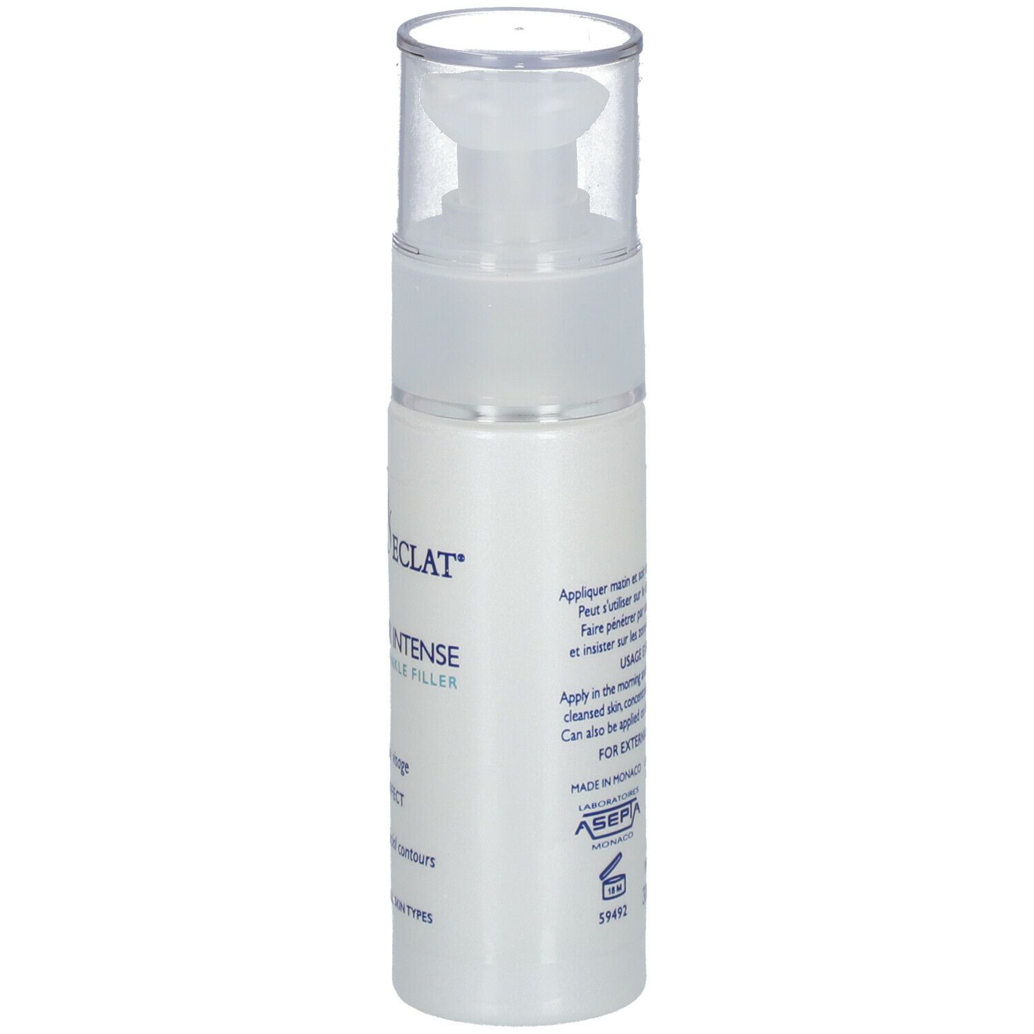 Flacon blanc avec pompe. Inscriptions: COUP D'ECLAT, SOIN REPULPEUR INTENSE. Texte et mode d'emploi.