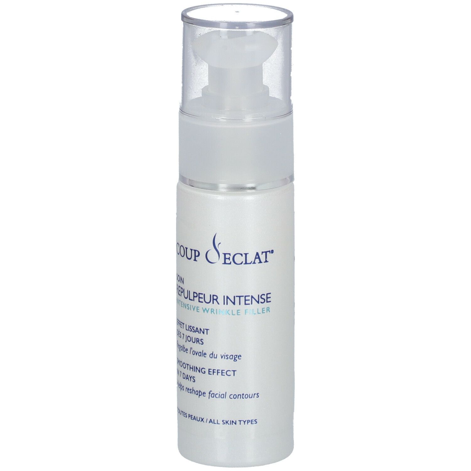 Flacon blanc avec pompe. Inscriptions: COUP D'ECLAT, SOIN REPULPEUR INTENSE, EFFET LISSANT, SMOOTHING EFFECT.
