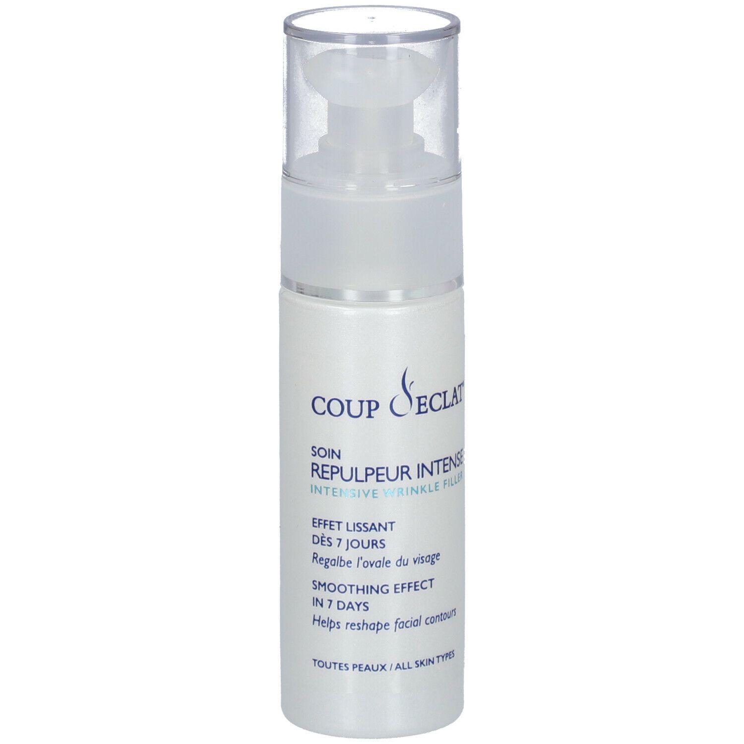 Flacon blanc avec pompe. Inscriptions: COUP D'ECLAT, SOIN REPULPEUR INTENSE, EFFET LISSANT, SMOOTHING EFFECT.