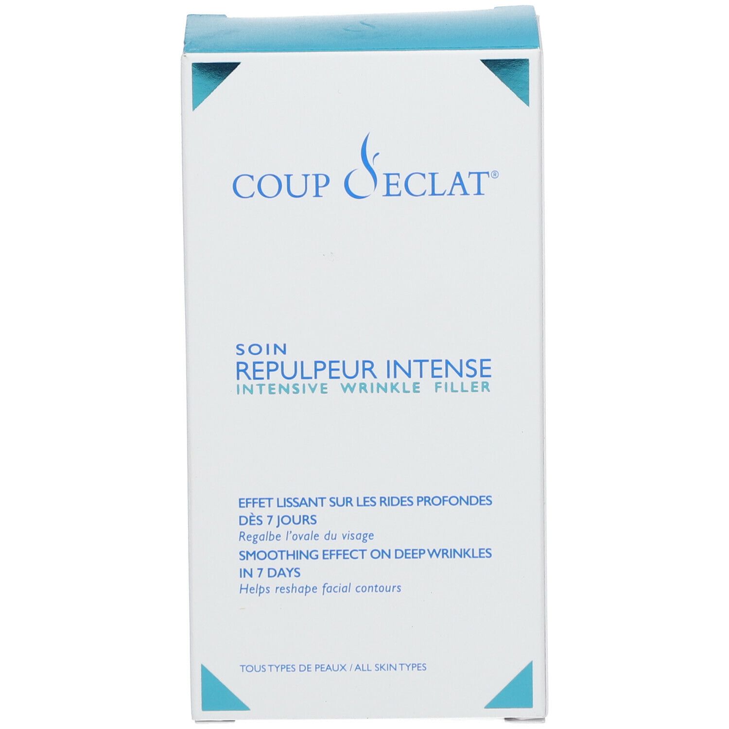 Emballage du produit. Inscriptions: COUP D'ECLAT, SOIN REPULPEUR INTENSE, EFFET LISSANT, SMOOTHING EFFECT.