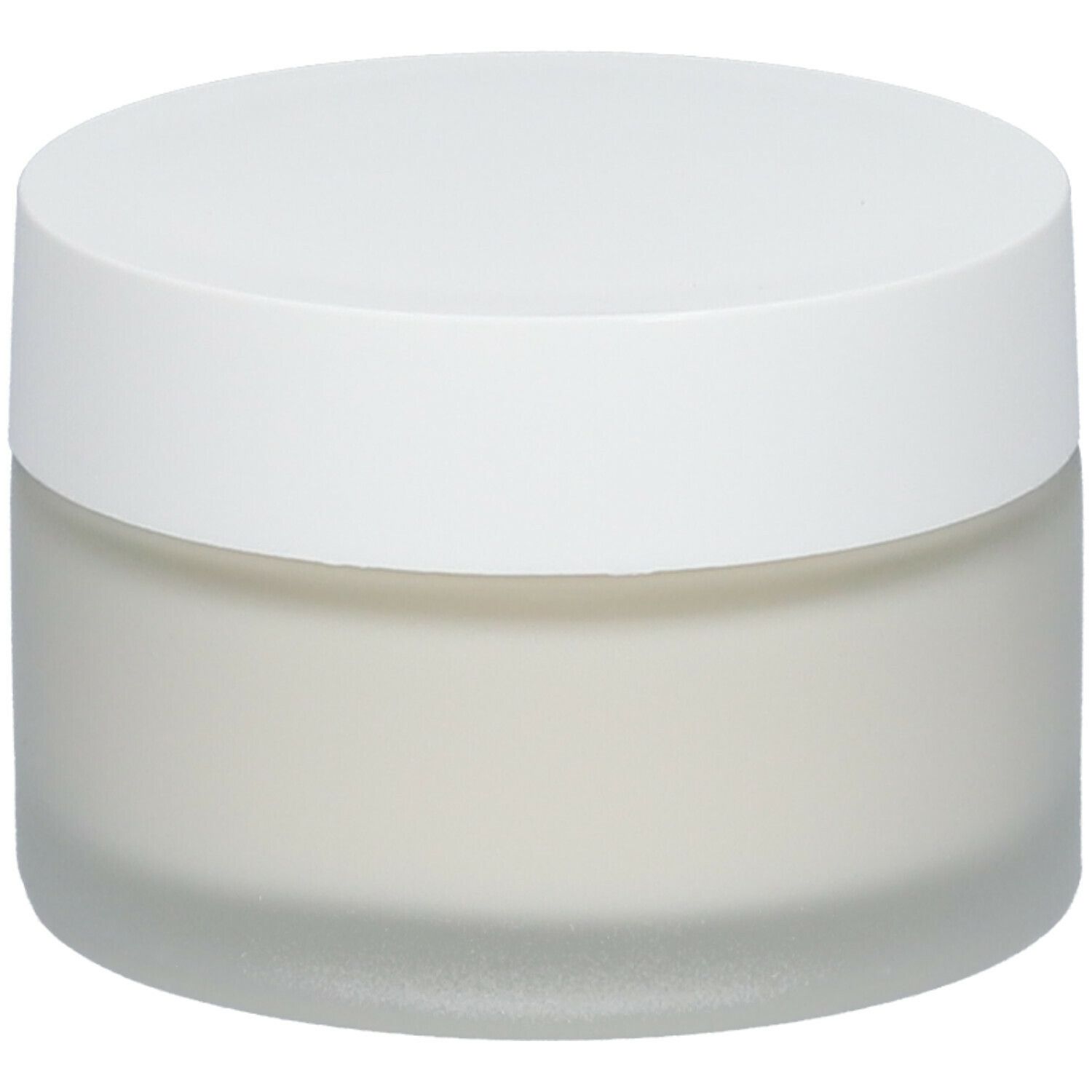 Pot de crème avec couvercle blanc. Le pot est à moitié rempli.